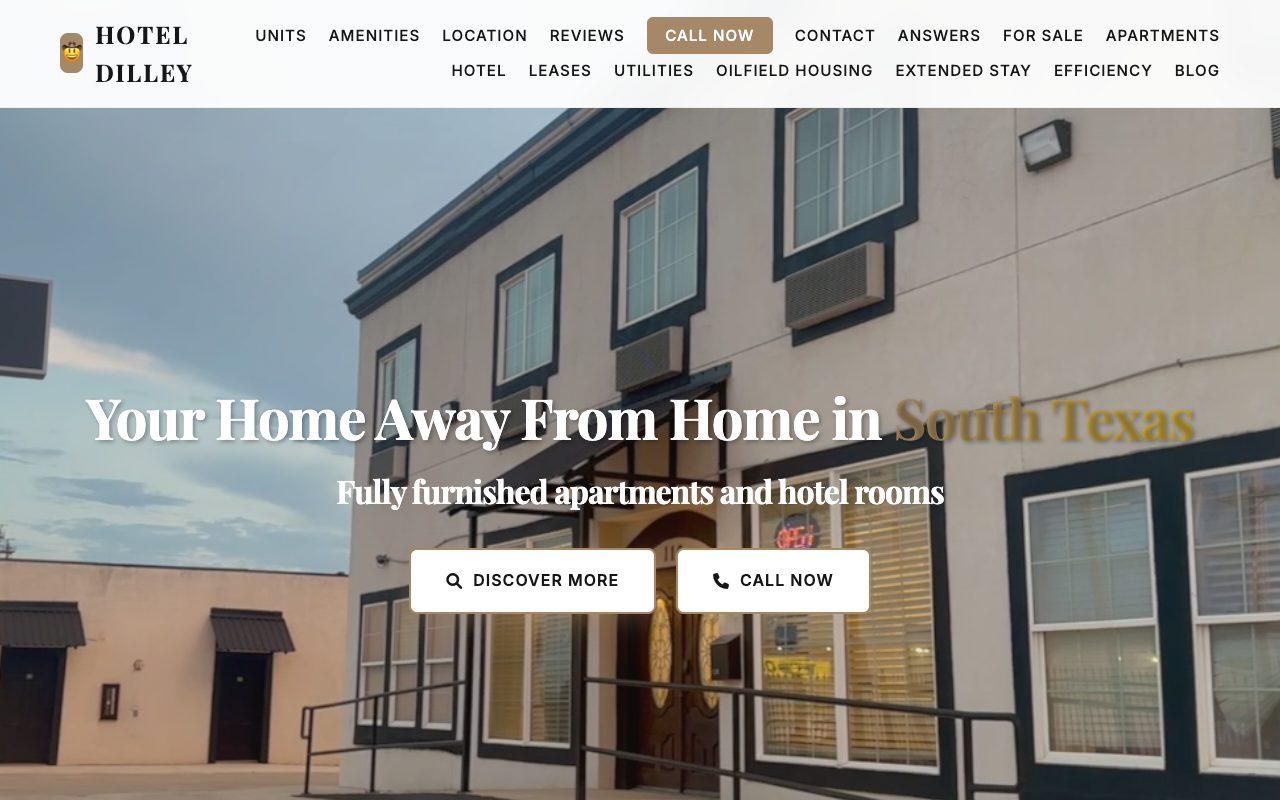 Homepage screenshot of Hotel Dilley booking site