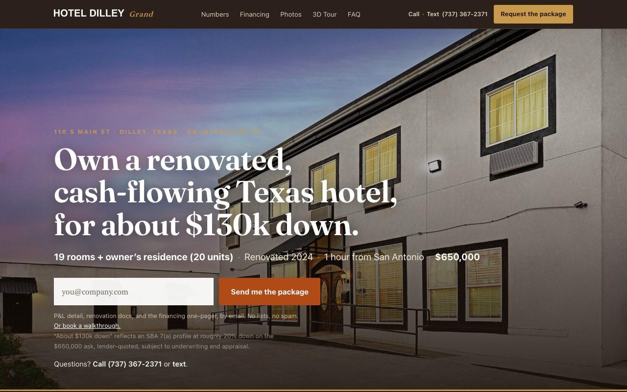 Sale page screenshot for Hotel Dilley
